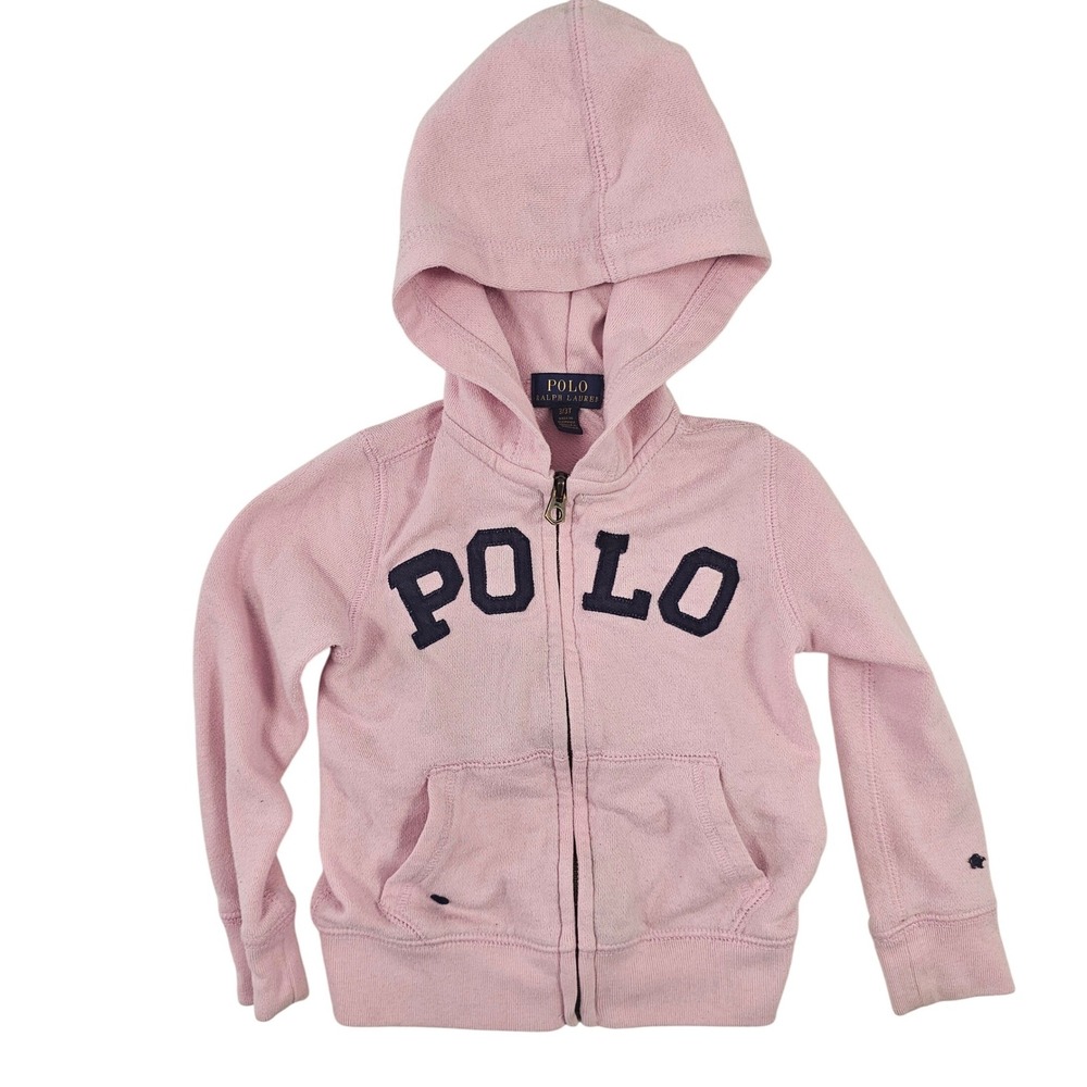 Polo Ralph Lauren Girls Pink Full Zip Hoodie‎ Sweatshirt Navy Spell Out Logo 3T